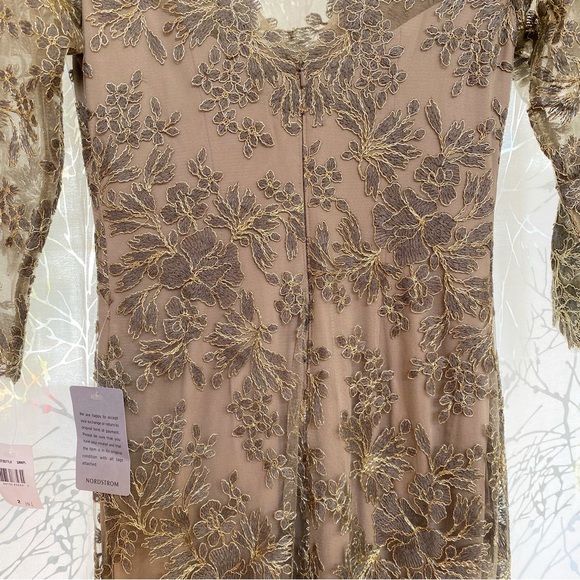 TADASHI SHOJI TOMETI tan gold green EMBROIDERED TULLE GOWN v-neck maxi dress - Picture 8 of 14